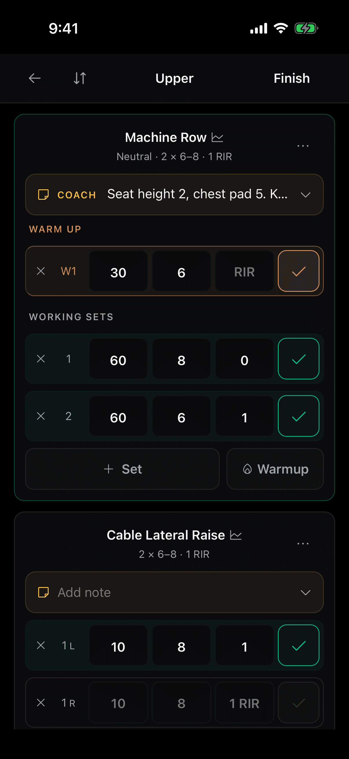 Pact logger mid-session on the coach's phone: Machine Row with a coach note pinned to the exercise, a warm-up and two working sets logged, and Cable Lateral Raise with left and right sets in progress