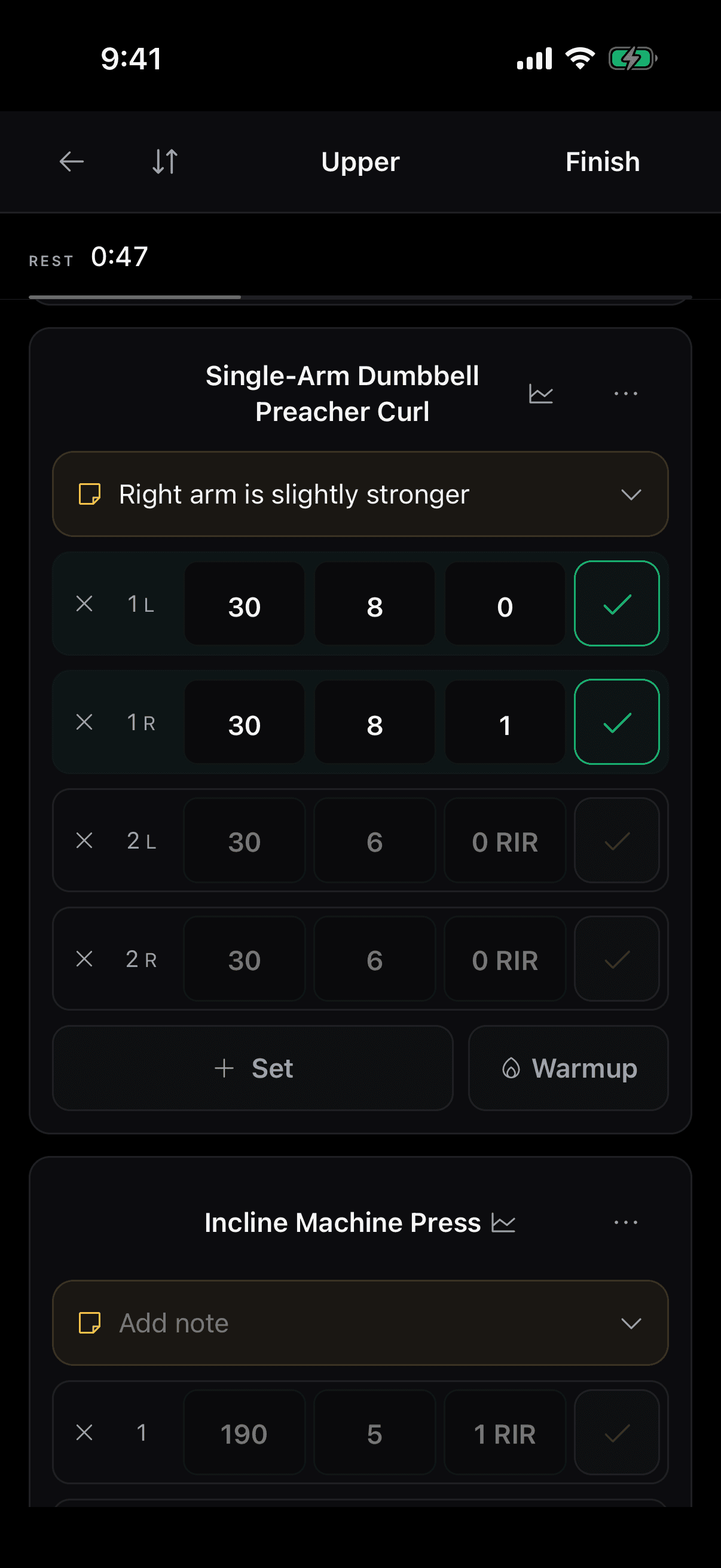 Pact logger mid-session: Single-Arm Dumbbell Preacher Curl with left and right sets, the first pair logged, the next pair pre-filled, and the rest timer running