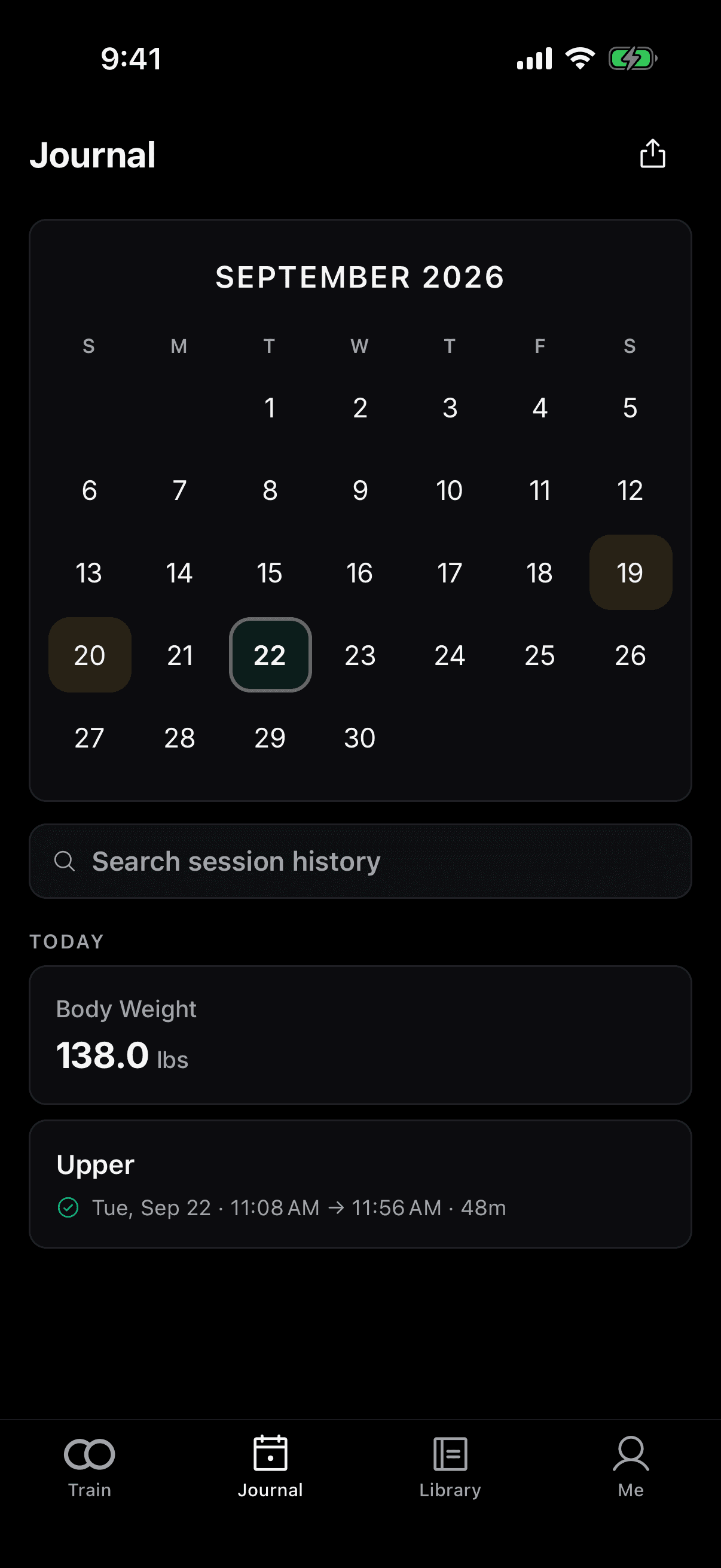 Pact journal on the phone: September month view with Sep 19 and 20 tinted gold for coached sessions, today's solo session on the 22nd tinted green, and today's 48-minute Upper session listed below