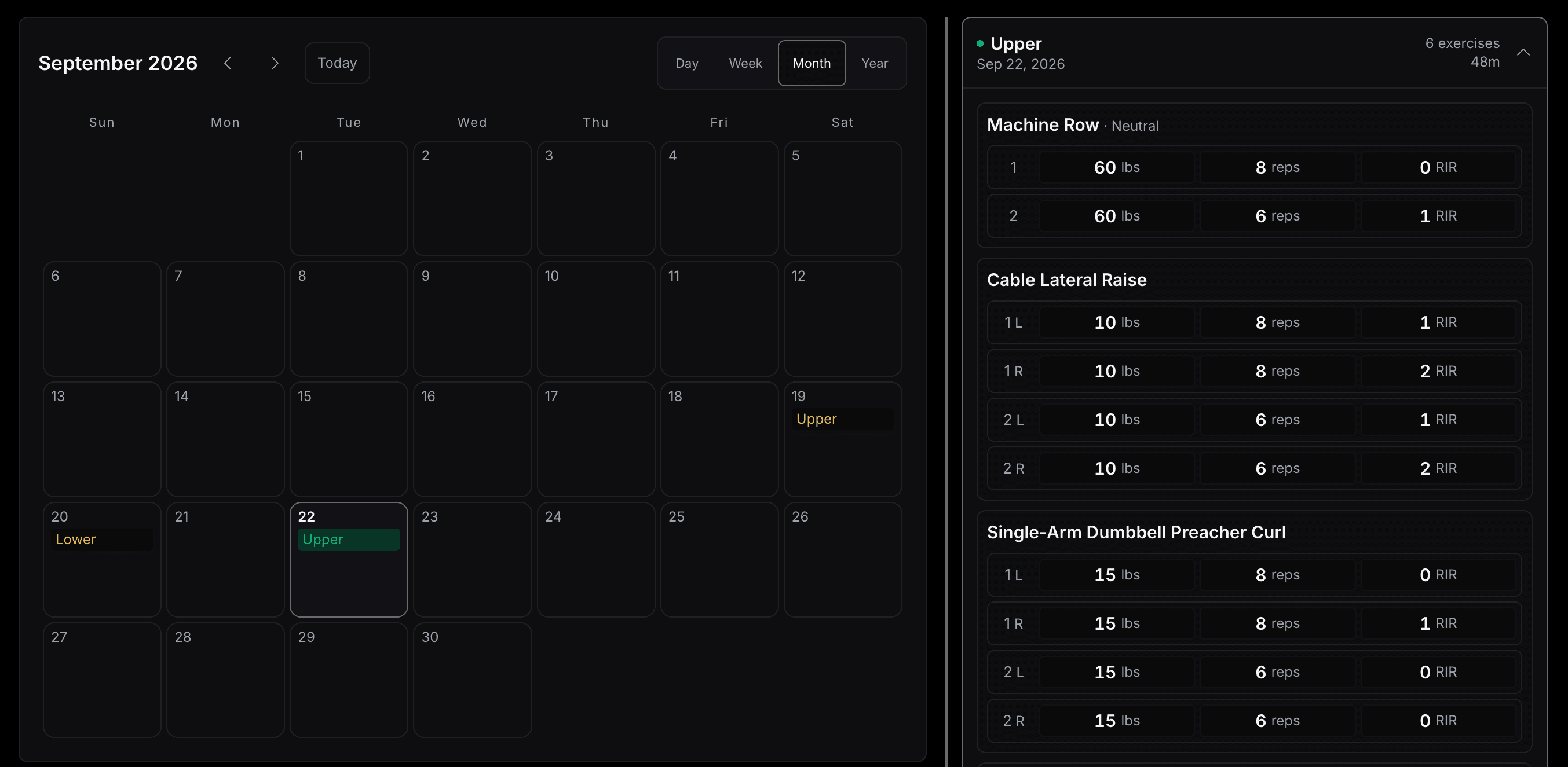Pact journal on the web: September month view with two coached sessions marked amber and today's solo session marked green, and today's Upper session open beside it with every set listed per exercise