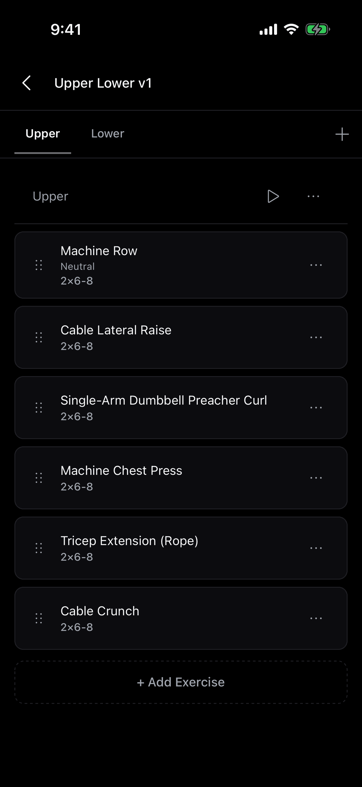 Pact program builder on a phone: the Upper day of an Upper Lower program with six exercises and their set and rep targets