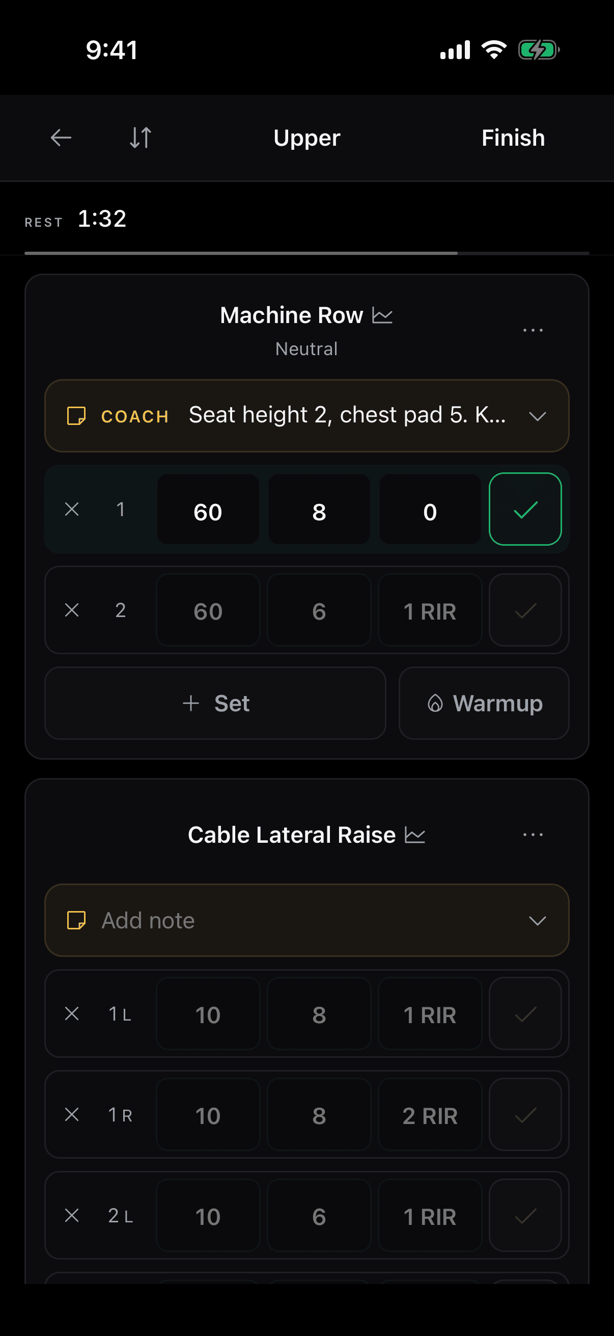 The athlete's solo Upper session: rest timer running, Machine Row with the coach's note and last values pre-filled, first set logged, and Cable Lateral Raise left and right sets waiting