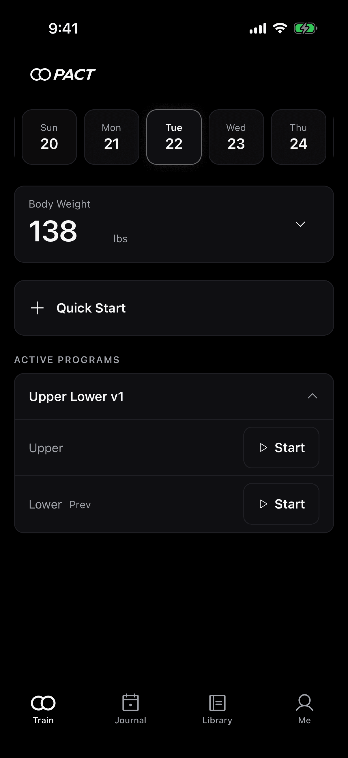 Pact Train tab on the athlete's phone: the week strip with Sunday's coached session marked, today's body weight, and the assigned Upper Lower program with Upper and Lower days ready to start